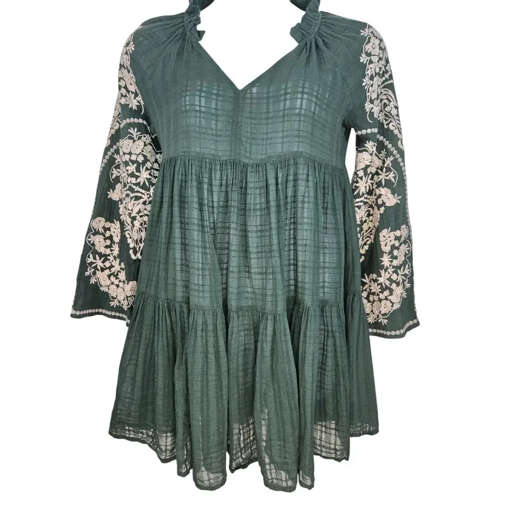 Free People Emerald City Tiered Embroidered Dress in Green Size Small - Picture 2 of 16